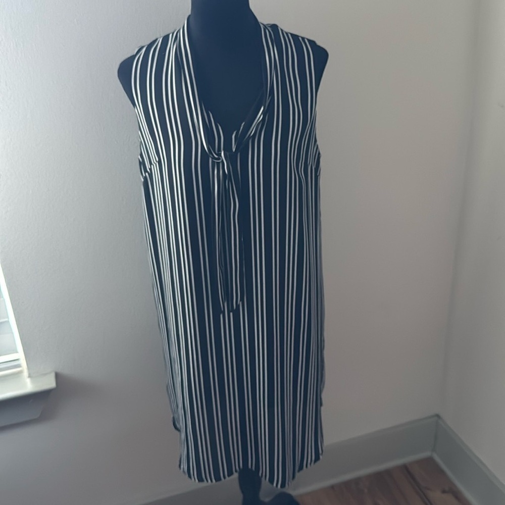 Who What Wear black white striped dress V cleavage fabric bow shift dress Sz M